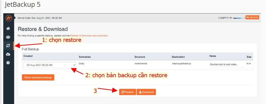 hướng dẫn restore file trên hosting thông qua jetbackup 2