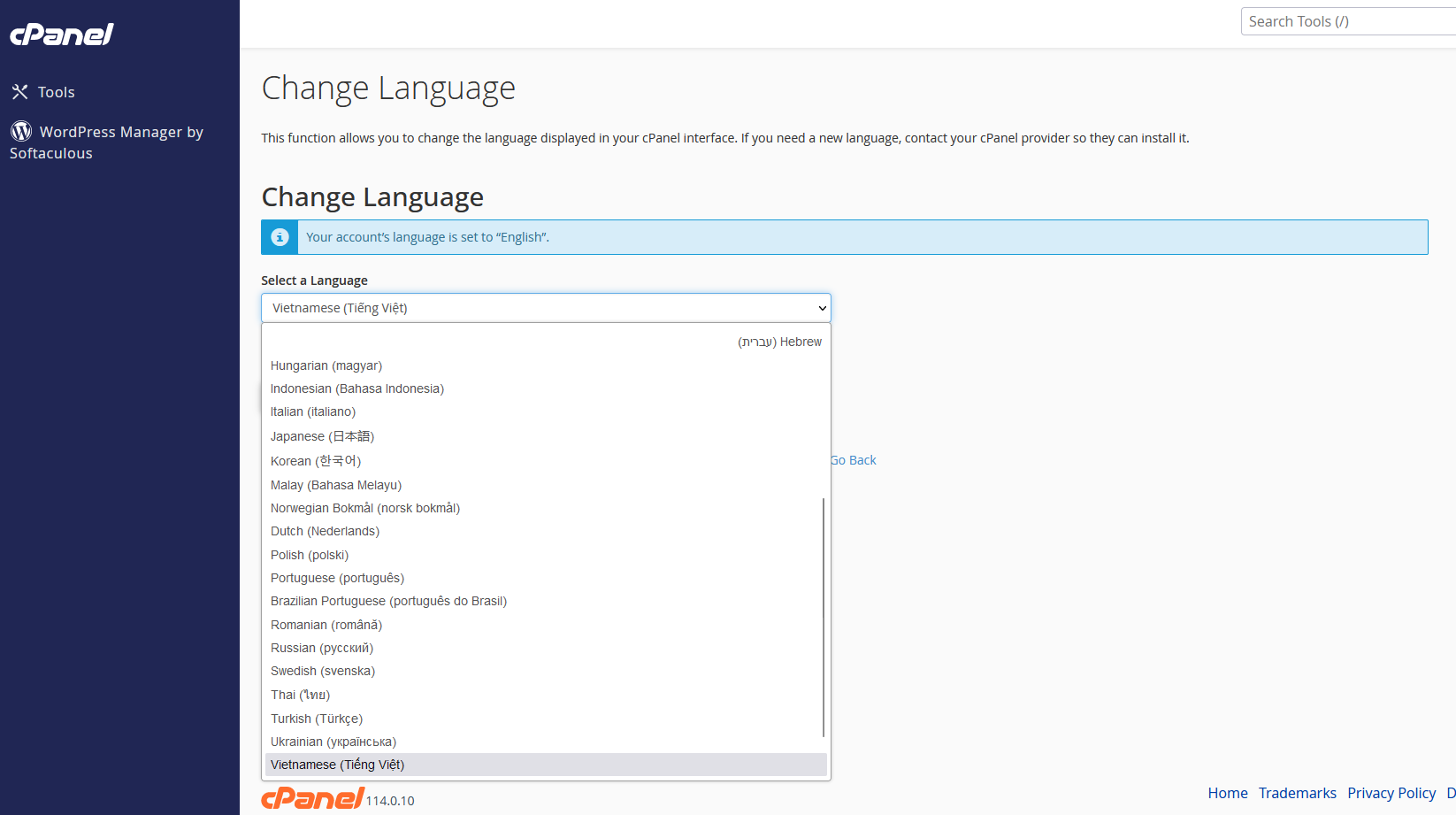 hướng dẫn thay đổi ngôn ngữ trên cpanel hosting 2