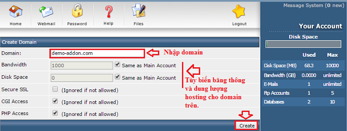 tạo addon domain
