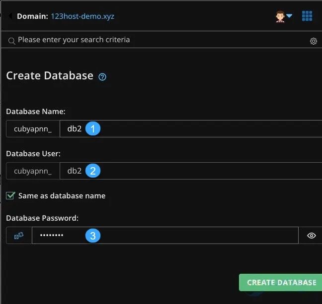 tạo database và gắn tên miền trên vps mới