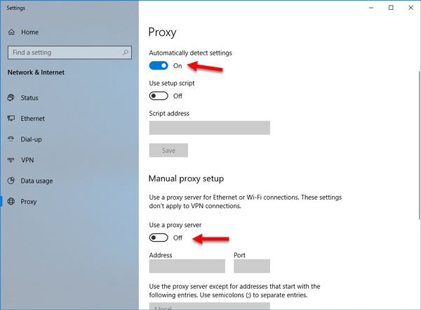 tắt thiết lập proxy server thủ công cho cài đặt