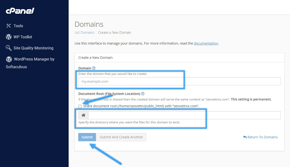 trỏ 2 tên miền về 1 website qua addon domain trên cpanel 3